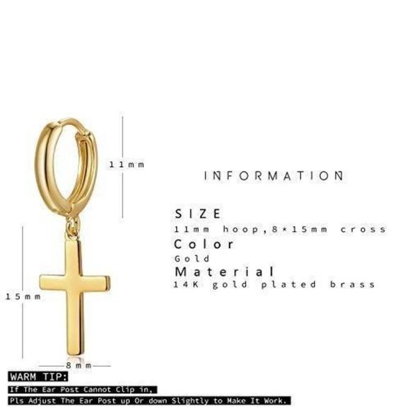 Cross Earrings Gold Huggie Hoop Dangle Drop - Picture 7 of 9